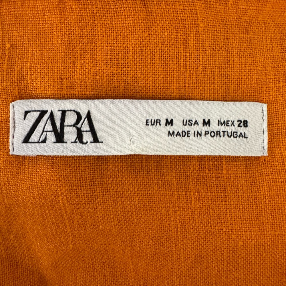 Zara 100% Linen Orange Wrap Dress Puff Sleeve Tie Waist Women’s Medium Portugal - Picture 11 of 12